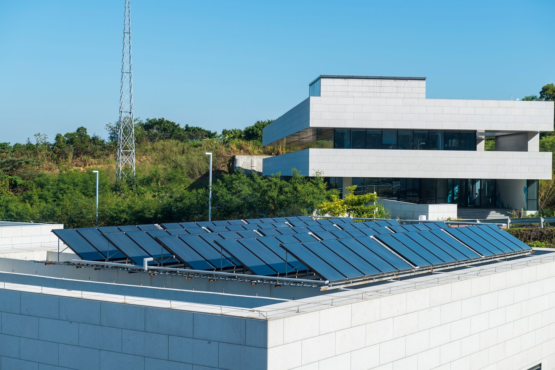 Solar water heating panel on a house roof